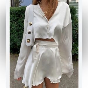 NWT: Satin Raw Hem Tied Two Piece
Skirt Set from Commense. Small. Off white.